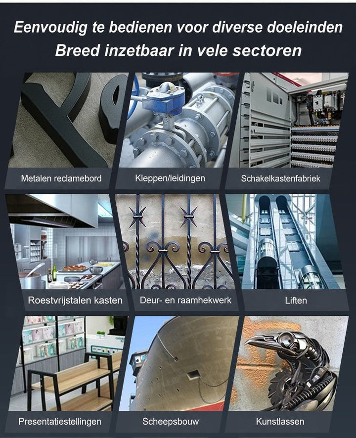 Collage van negen toepassingen, onder meer leidingen, schakelkast, hekwerk, lift, scheepsbouw en kunstobject van metaal 4