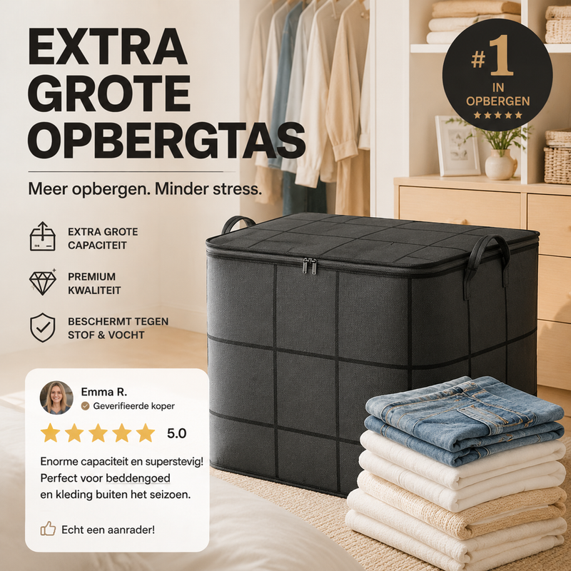 Zwarte opbergtas in een slaapkamer met hangende overhemden, naast een stapel spijkerbroeken en lichte truien. 5