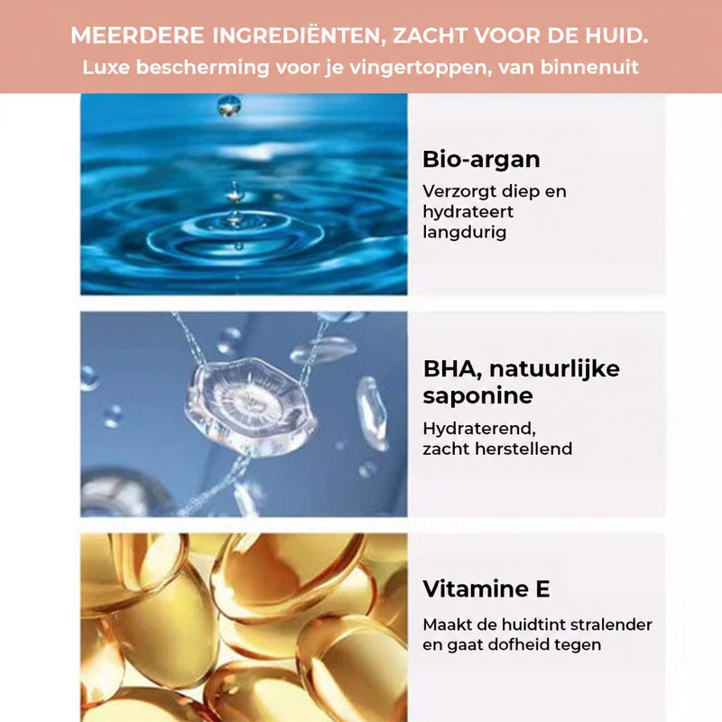 Drie ingrediƫnten in beeld: een waterdruppel, een doorzichtig deeltje en gouden vitamine-capsules, met uitleg erbij 4