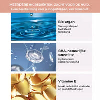 Drie ingrediƫnten in beeld: een waterdruppel, een doorzichtig deeltje en gouden vitamine-capsules, met uitleg erbij 4