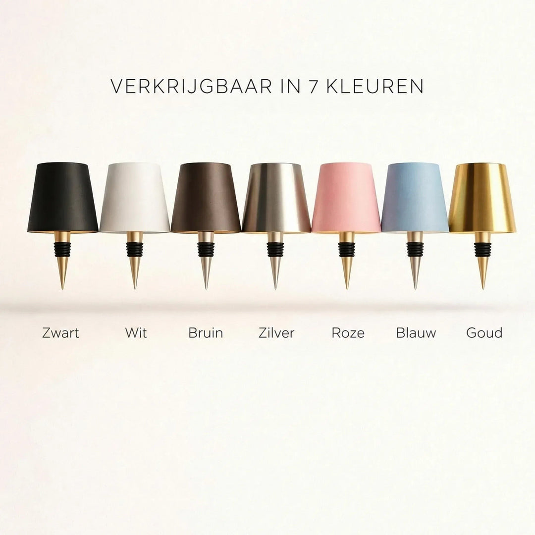 Zeven lampenkappen met kurkpunt naast elkaar in zwart, wit, bruin, zilver, roze, blauw en goud 3
