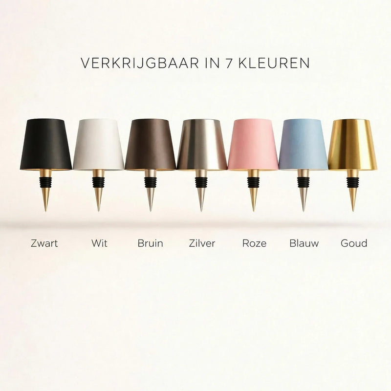Zeven lampenkappen met kurkpunt naast elkaar in zwart, wit, bruin, zilver, roze, blauw en goud 3