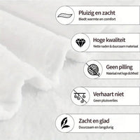 Close-up van pluizige witte stof met pictogrammen over zachtheid, kwaliteit, geen pluisjes en geen haarverlies 10