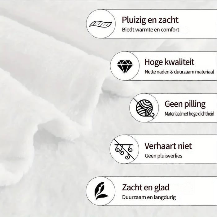 Close-up van pluizige witte stof met pictogrammen over zachtheid, kwaliteit, geen pluisjes en geen haarverlies 10