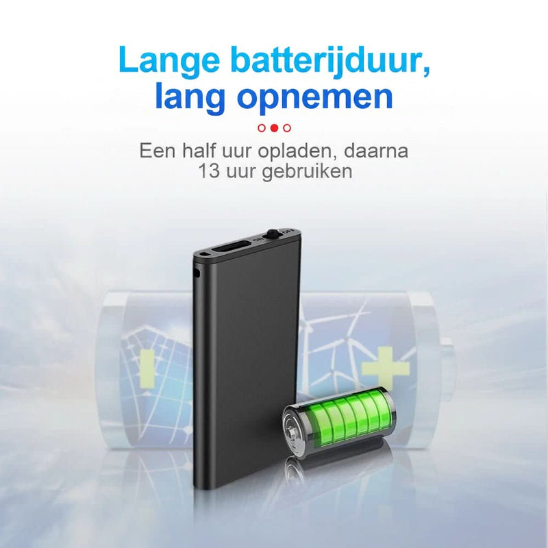 Zwart opnameapparaatje rechtop naast een groene batterij, met op de achtergrond een groot accusymbool 6