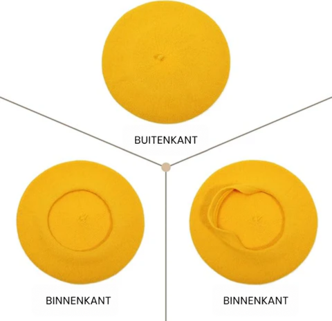 Gele baret van bovenaf, met buitenkant en twee kijkhoeken op de binnenkant 12