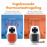Twee verwarmers naast elkaar: links gloeiend bij kamertemperatuur onder de instelling, rechts uitgeschakeld 5