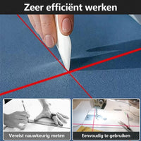 Rood laserkruis op blauwe stof naast een hand met vouwbeen, met inzetbeelden van handmatig meten en naaien met de laser 6