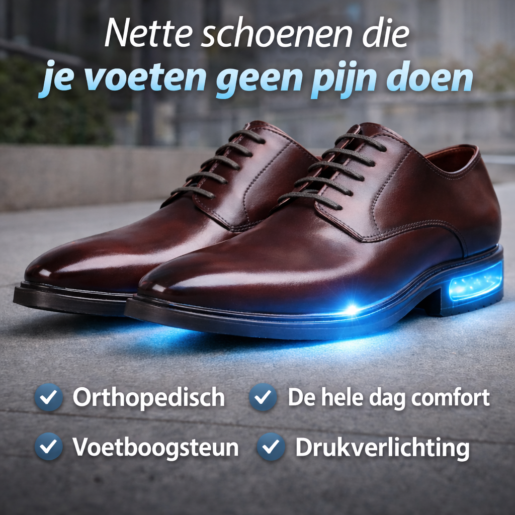 Twee bruine leren veterschoenen op straat, met blauw oplichtende hak en zool als illustratie van comfort 7