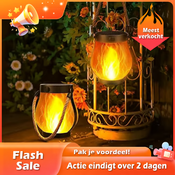 Twee gloeiende lantaarns met vlameffect tussen bloemen en een sierlijke metalen vogelkooi, in promotiebanner 2
