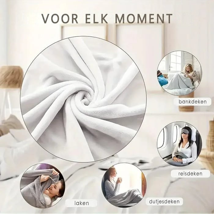 Informatieve afbeelding met close-up van zachte witte stof en gebruiksmomenten: bank, bed, reizen en dutje 7