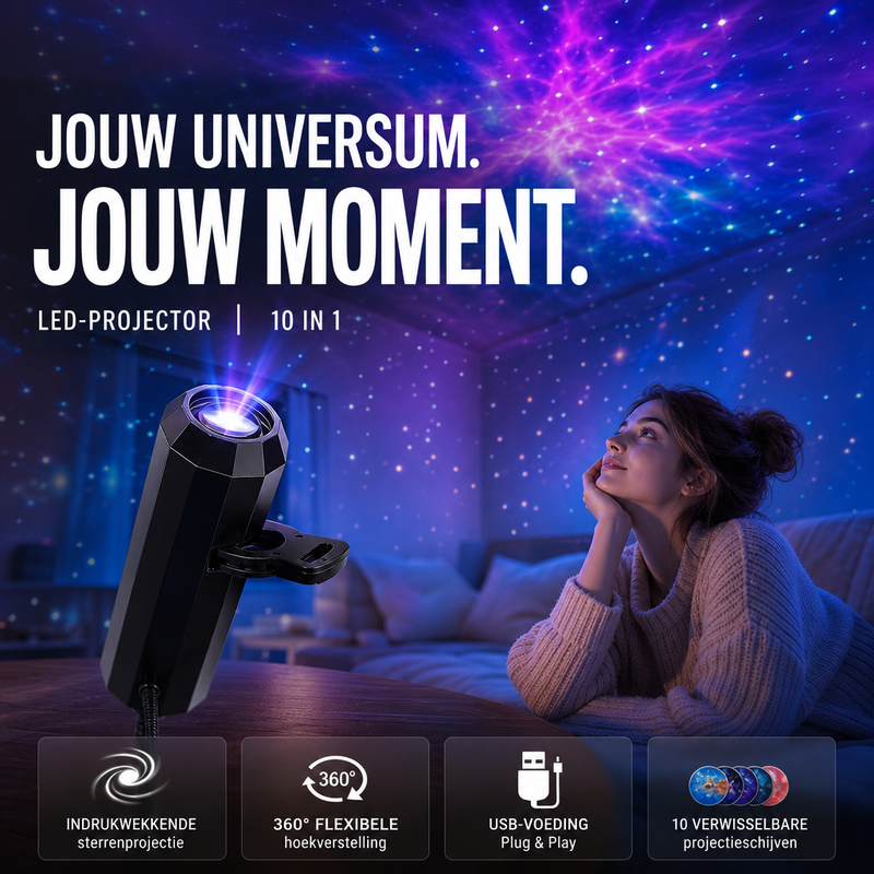 Zwarte projector op tafel werpt een paarse sterrenhemel op het plafond terwijl een vrouw op de bank omhoogkijkt 2