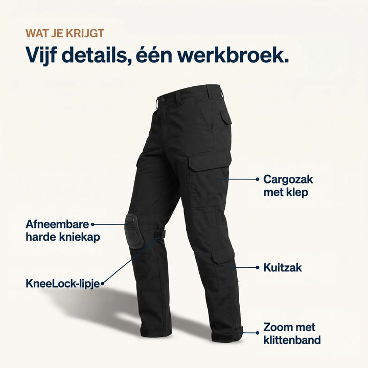 Zwarte werkbroek met vijf aanwijzingen bij details: verwijderbare kniekap, kniebandje, cargozak met klep, kuitzak en klittenbandmanchet. 5