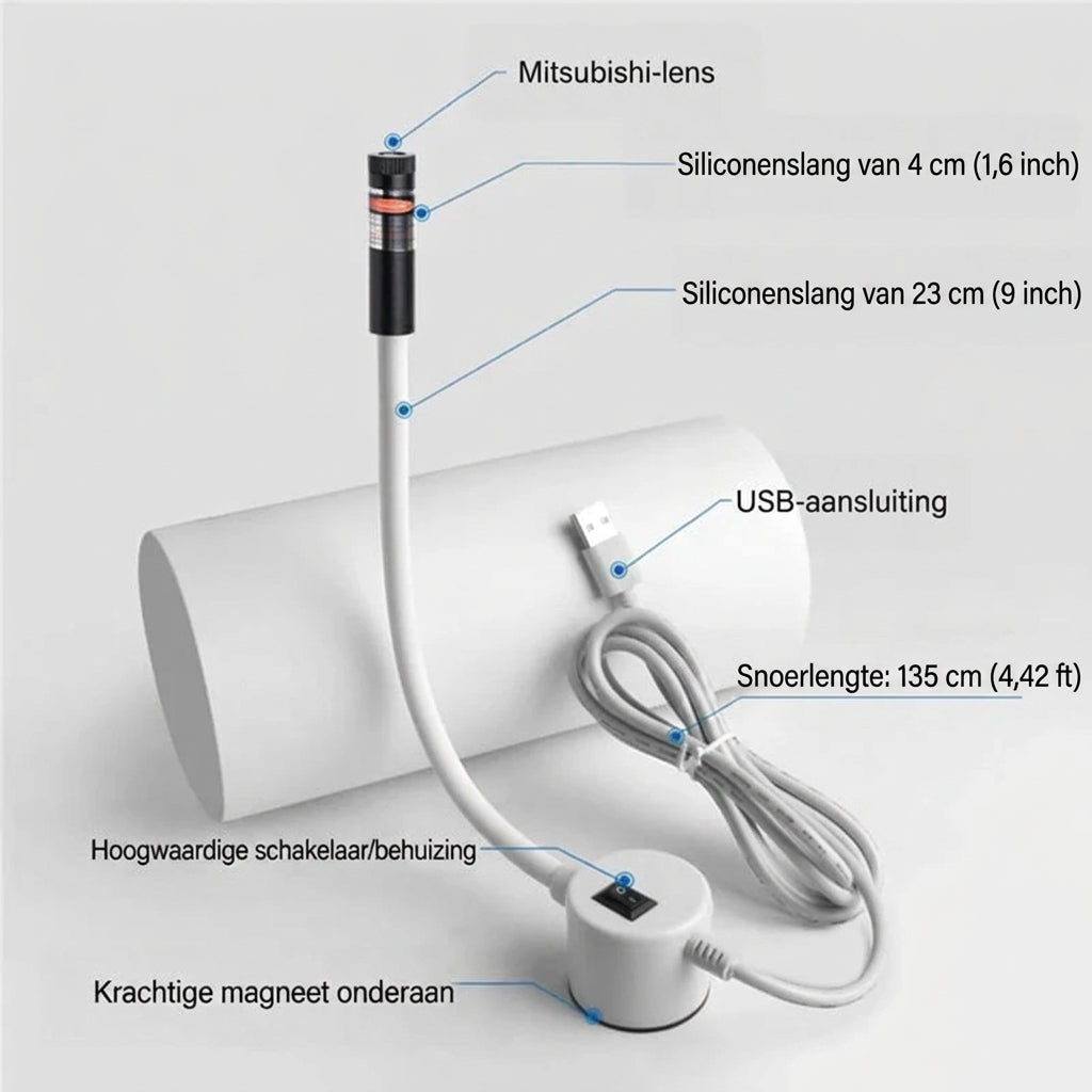 Productoverzicht van de laser met witte siliconen arm, schakelaar, magneetvoet en USB-kabel, met aanduidingen bij de 4