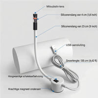 Productoverzicht van de laser met witte siliconen arm, schakelaar, magneetvoet en USB-kabel, met aanduidingen bij de 4