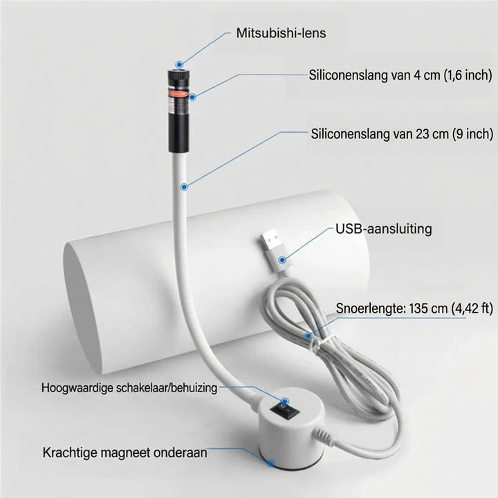 Productoverzicht van de laser met witte siliconen arm, schakelaar, magneetvoet en USB-kabel, met aanduidingen bij de 4