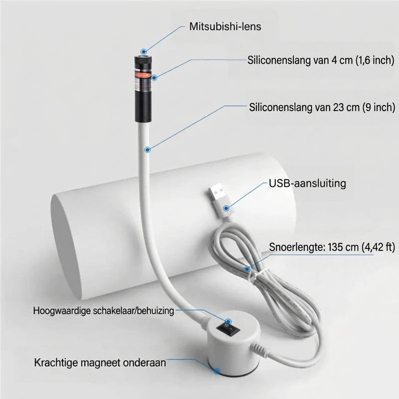 Productoverzicht van de laser met witte siliconen arm, schakelaar, magneetvoet en USB-kabel, met aanduidingen bij de 4