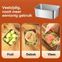 Stalen bakje apart getoond, met drie gebruiksvoorbeelden eronder: bakje met druiven, met een broodje op salade en met plakjes vlees. 6