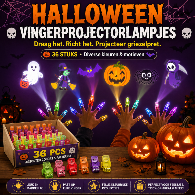 Handen met gekleurde vingerlampjes projecteren spookfiguren, met een doos van 36 stuks en pompoenen op tafel 1