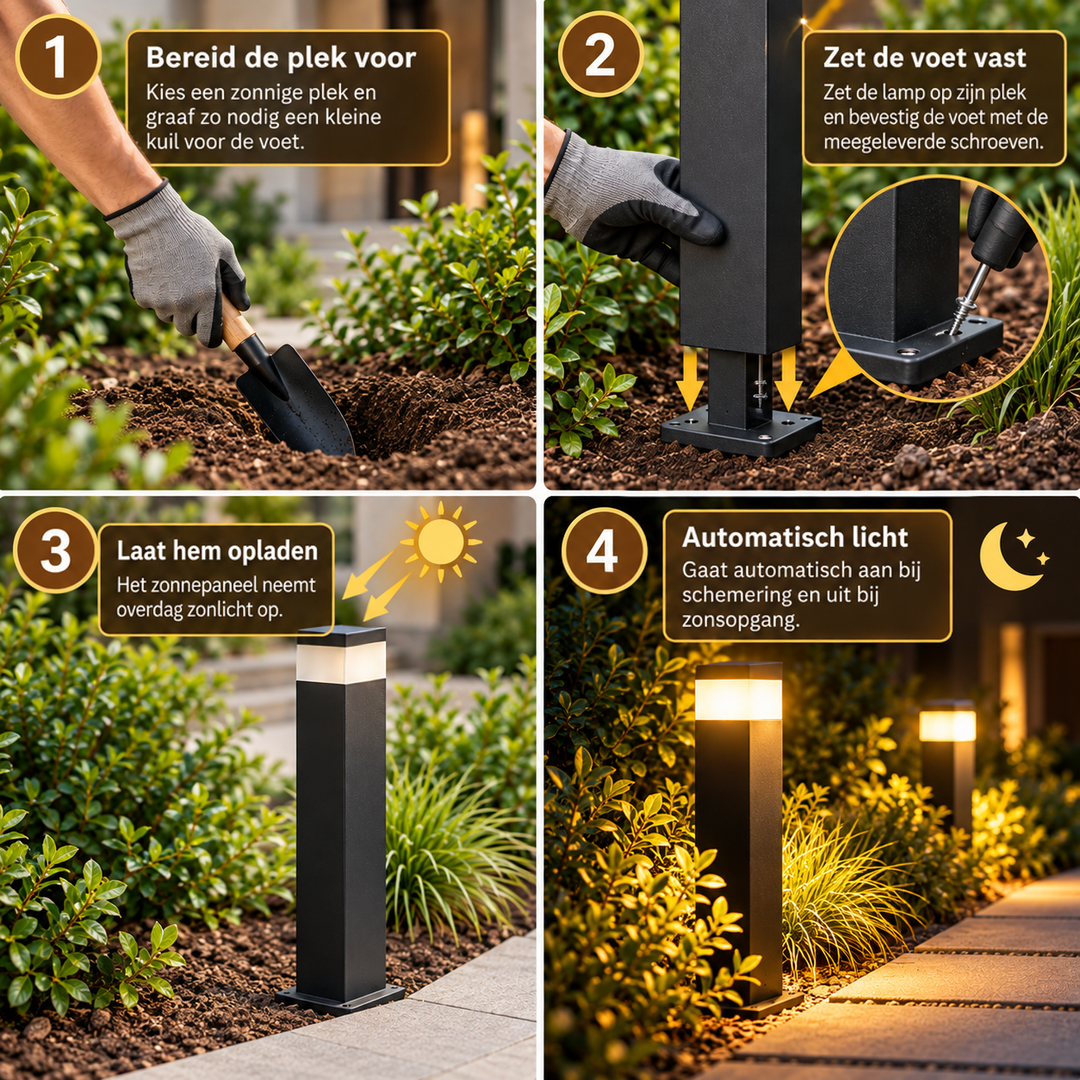 Stappenplan in vier beelden: plek voorbereiden, voet vastschroeven, overdag opladen in de zon en 's avonds automatisch oplichten. 4