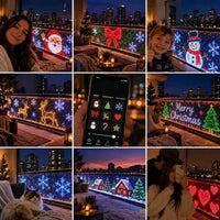 Collage van balkons met lichtschermen in verschillende motieven, met lachende mensen, een kat en de app 6