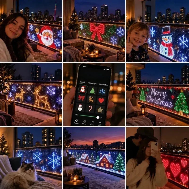 Collage van balkons met lichtschermen in verschillende motieven, met lachende mensen, een kat en de app 6