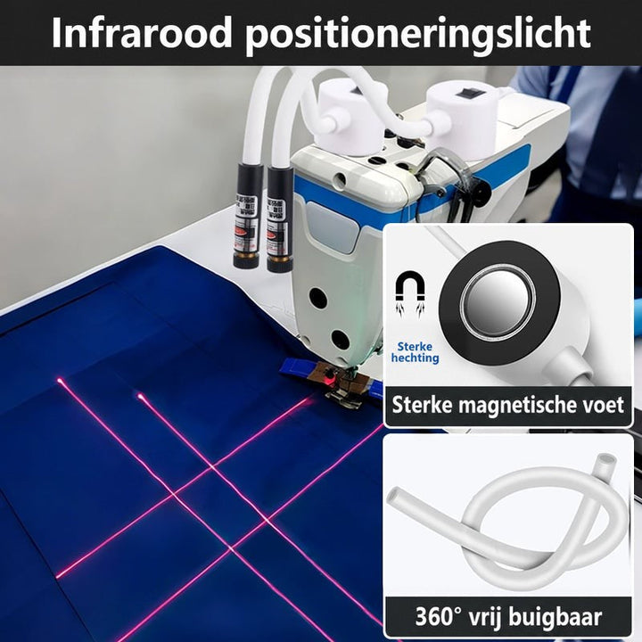 Twee laserlampen op een naaimachine werpen rode lijnen op blauwe stof, met inzetbeelden van magneetvoet en buigzame arm 2