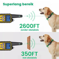 Labrador met halsband en afstandsbediening die het zendbereik laat zien, zonder obstakel en met een bakstenen muur ertussen 4