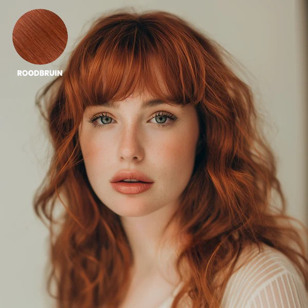 Vrouw met pony en golvend koperrood haar, met kleurstaaltje van de roodbruine tint 8