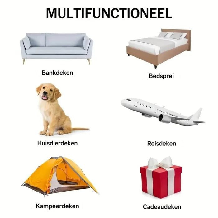 Overzichtsafbeelding met pictogrammen van bank, bed, huisdier, vliegtuig, tent en cadeau als gebruiksdoelen van de deken 8