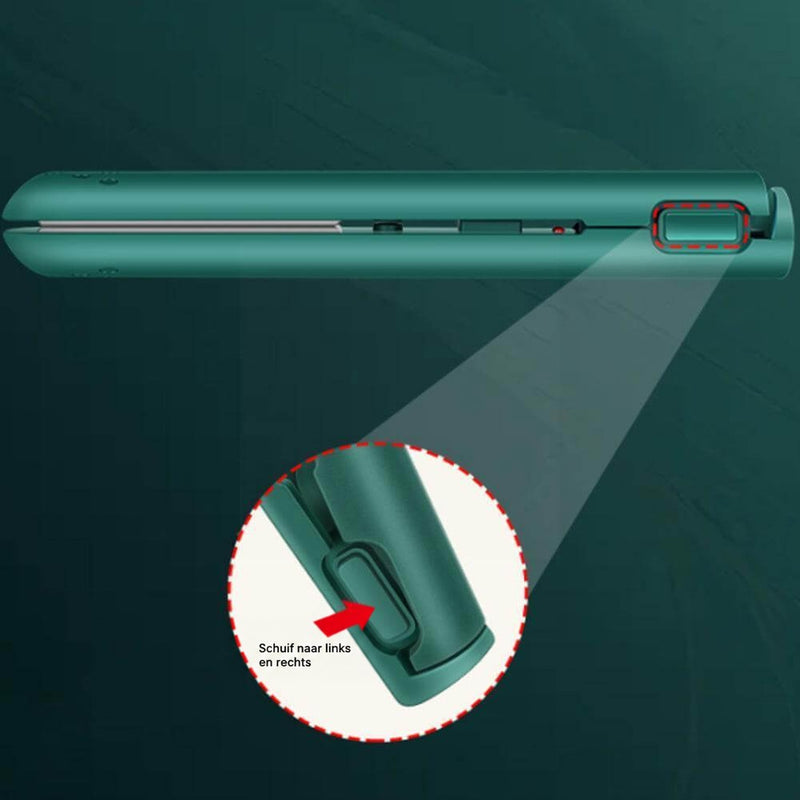 Groene stijltang van opzij met een uitvergrote cirkel van de schuifknop aan het uiteinde waarmee de tang opent en sluit. 6