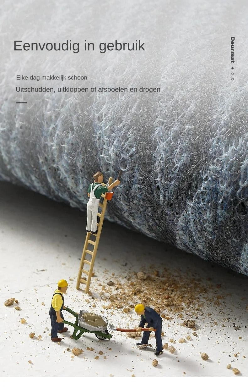 Close-up van de matvezels met miniatuurwerkers die zand opruimen, ter illustratie van eenvoudig reinigen 12
