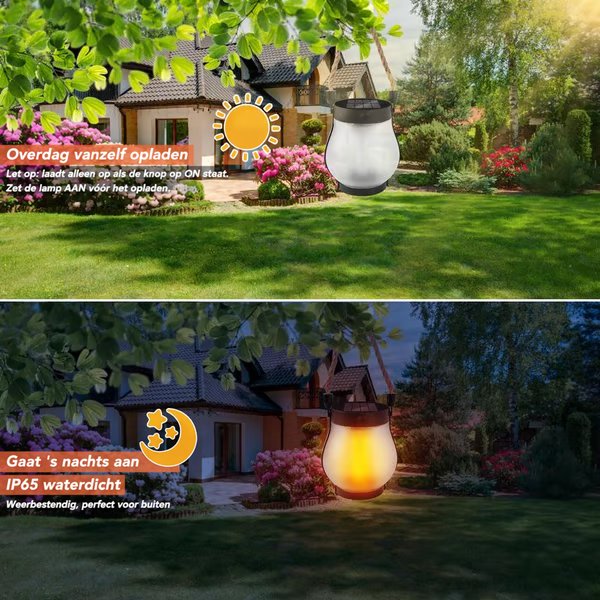 Dag- en nachtbeeld van een tuin met een lantaarn die overdag oplaadt en 's avonds brandt 11