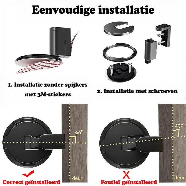 Installatieoverzicht: plakken met dubbelzijdige stickers of schroeven, plus de juiste en foute hoek ten opzichte van de deur 4