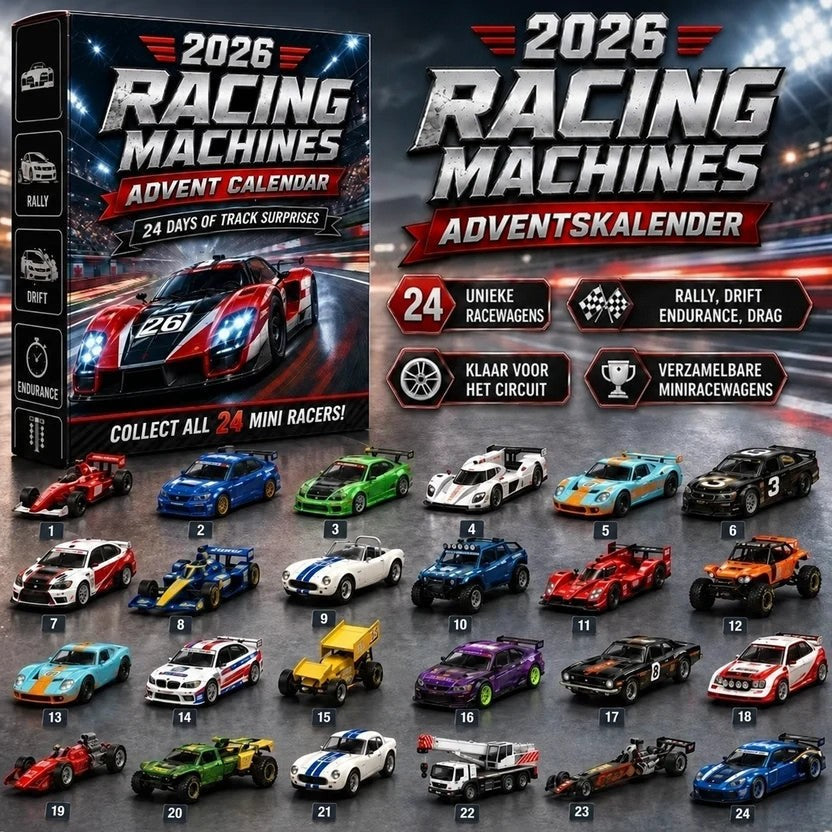 Zwart-rode kalenderdoos met raceauto en daaronder 24 genummerde miniatuurracers: rally, formule, dragster en een kraanwagen 17