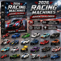 Zwart-rode kalenderdoos met raceauto en daaronder 24 genummerde miniatuurracers: rally, formule, dragster en een kraanwagen 17
