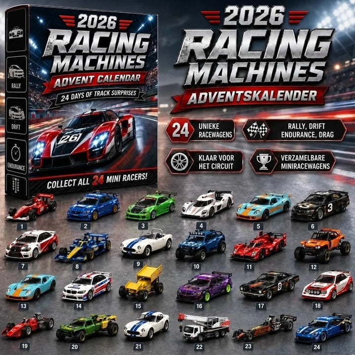 Zwart-rode kalenderdoos met raceauto en daaronder 24 genummerde miniatuurracers: rally, formule, dragster en een kraanwagen 17