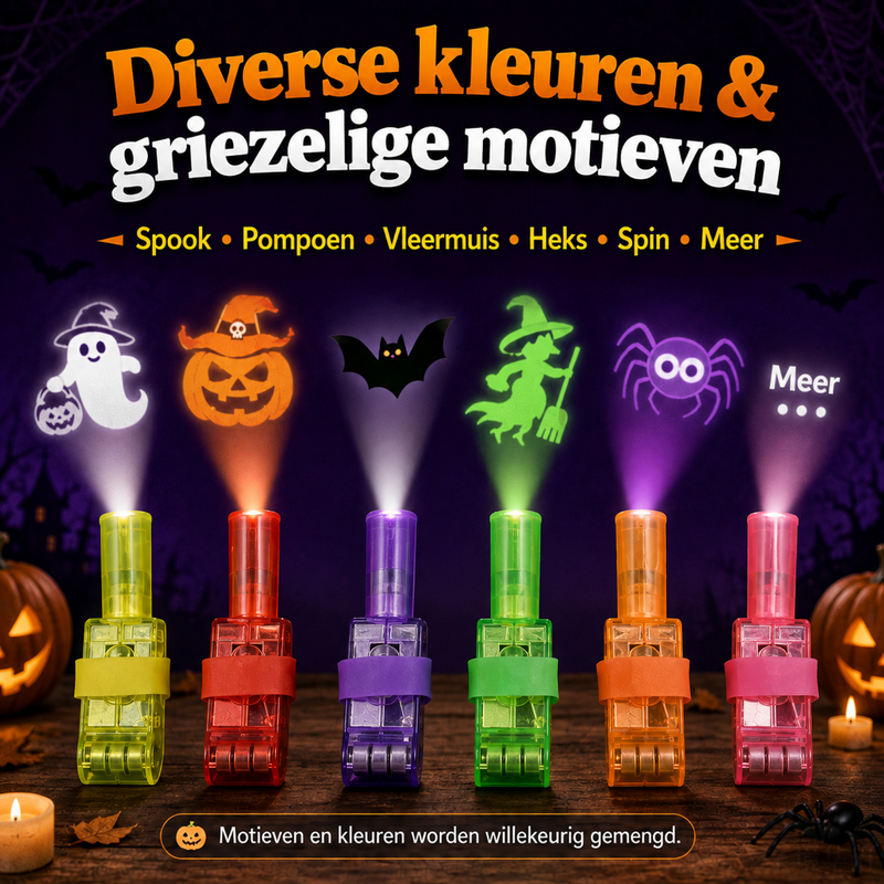 Zes rechtopstaande vingerlampjes in verschillende kleuren die elk een spookfiguur projecteren, tussen pompoenen en kaarsen 7