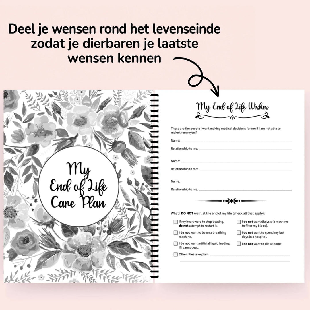 Opengeslagen planner met links het bloemenblad van het zorgplan voor het levenseinde en rechts de pagina met medische wensen en aan te vinken keuzes. 7
