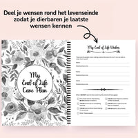 Opengeslagen planner met links het bloemenblad van het zorgplan voor het levenseinde en rechts de pagina met medische wensen en aan te vinken keuzes. 7