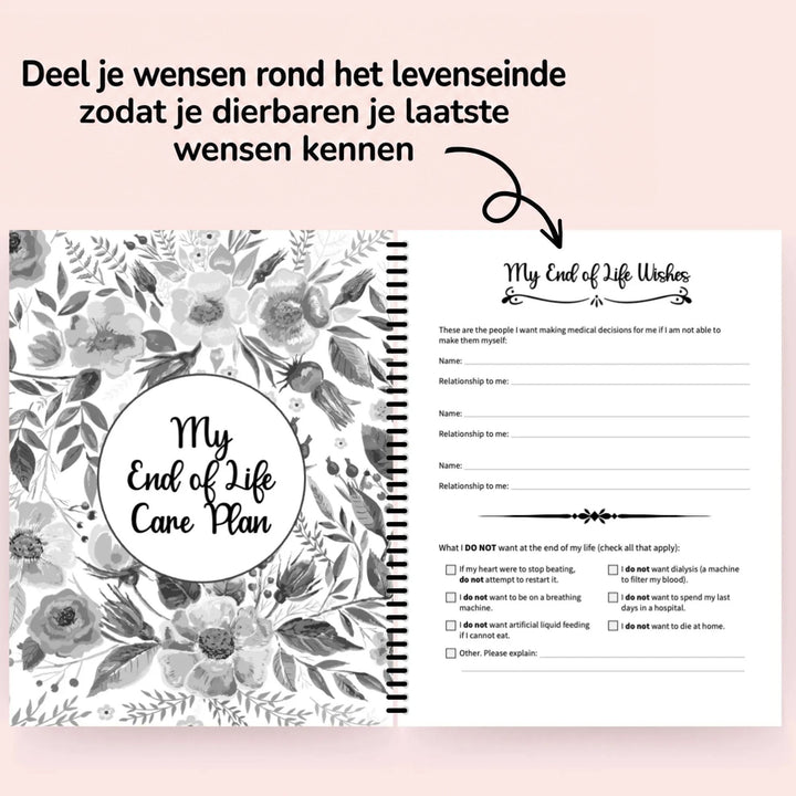 Opengeslagen planner met links het bloemenblad van het zorgplan voor het levenseinde en rechts de pagina met medische wensen en aan te vinken keuzes. 7