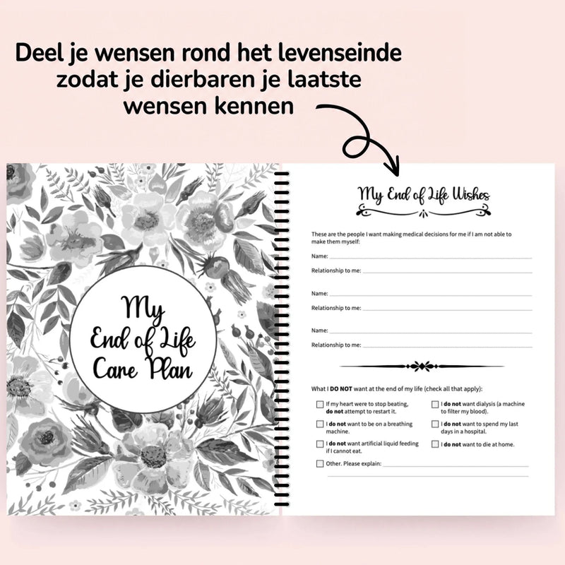 Opengeslagen planner met links het bloemenblad van het zorgplan voor het levenseinde en rechts de pagina met medische wensen en aan te vinken keuzes. 7