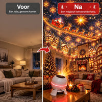 Voor-en-nabeeld van dezelfde woonkamer: links gewoon, rechts door de projector omgetoverd tot kerstsfeer 3
