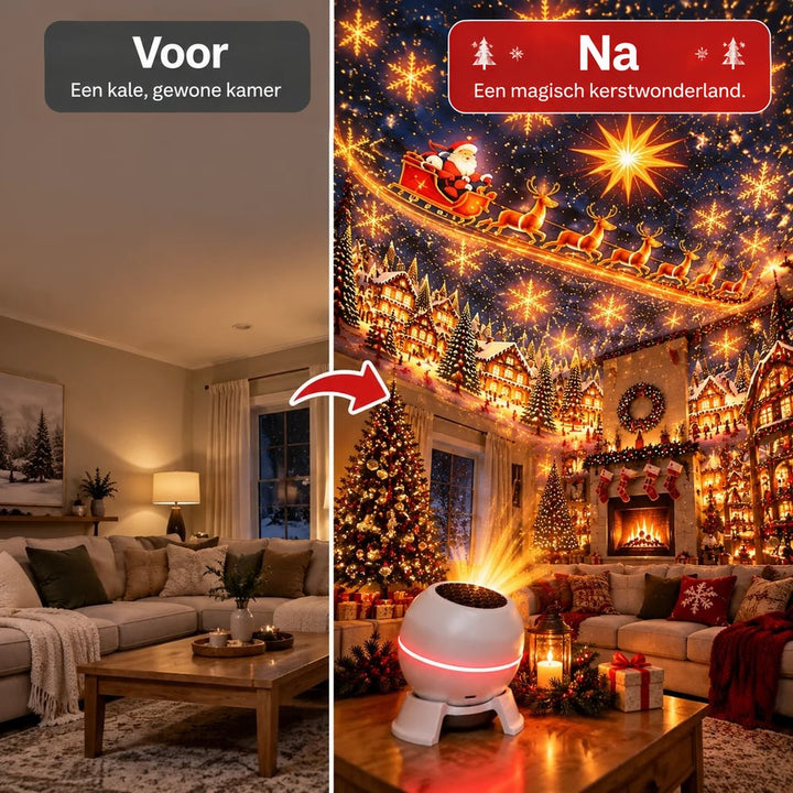 Voor-en-nabeeld van dezelfde woonkamer: links gewoon, rechts door de projector omgetoverd tot kerstsfeer 3