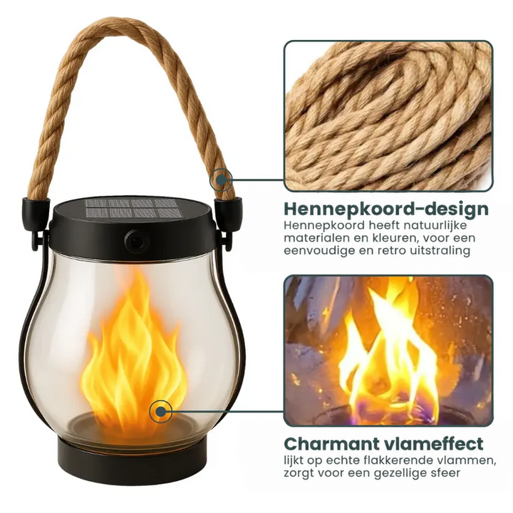 Lantaarn met touwen handvat en zonnepaneel, met uitvergrote details van het touw en het vlameffect 3