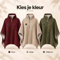 Drie capes naast elkaar met rits en aan-knop: rood, beige en olijfgroen 3