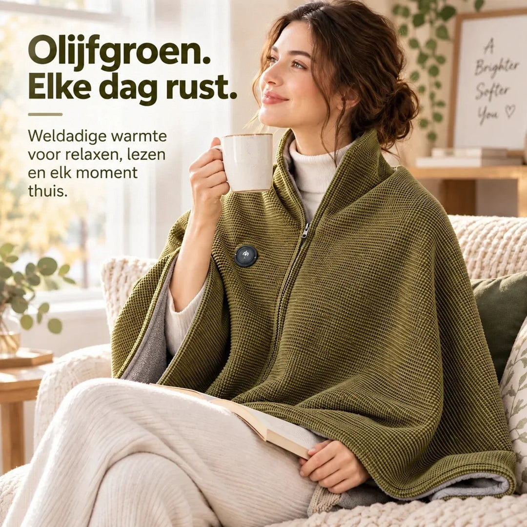 Vrouw met kop thee en boek op de bank, de olijfgroene deken als cape om haar schouders 8