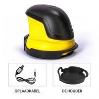 Krabber op zijn zwarte opbergbak, met onderaan het laadsnoertje en de losse bak apart getoond 6