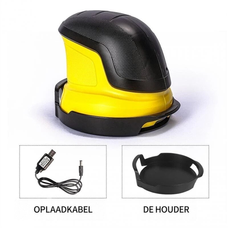 Krabber op zijn zwarte opbergbak, met onderaan het laadsnoertje en de losse bak apart getoond 6