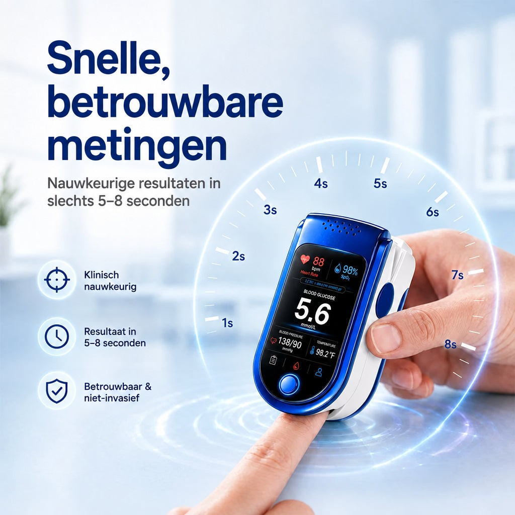 Monitor om een vingertop geklemd, vastgehouden door een hand, met een tijdschaal van 1 tot 8 seconden eromheen. 11